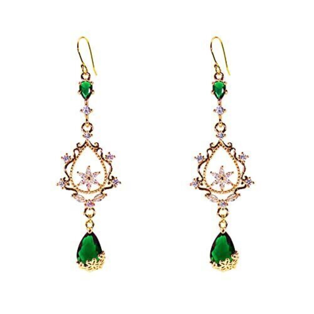 9978 18K Gold Plated Green Imitation Emerald Crystals Flower Long Big Hoop